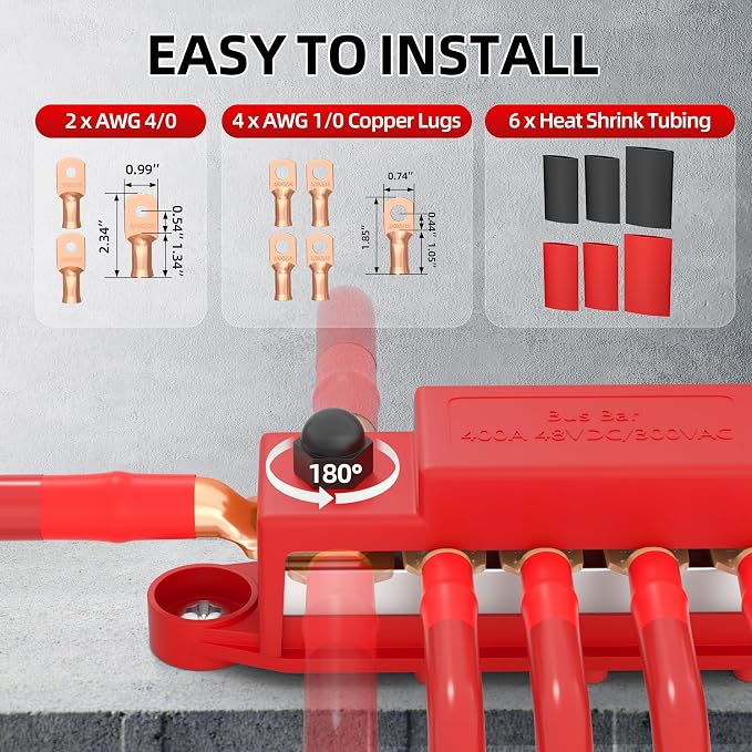 RVMARINEPAT 400A 12V 24V 48V Bus Bar with 6 x 5/16" (M8) Studs, Heavy Duty Power Distribution Block & Battery Terminal Kit with 6 Lugs for Inverter, Solar, Marine, RV (Red & Black Pair)