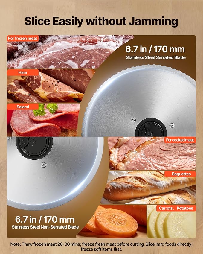 VEVOR Meat Slicer, 6.7" Electric Deli Slicer Machine with 2 SUS420 Blades, 0-0.6 inch Adjustable Thickness, 150W Home Food-Slicer for Meat, Ham, Baguett, Steak, ETL Approved