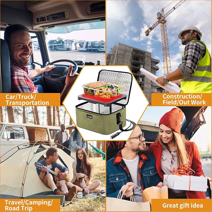 Aotto Heated Lunch Box Food Warmer - 12V/24V 2-in-1 Car Food Warmer with Vehicle Plug - Mini Portable Electric Lunch Box Heater for Men and Women - Reheat & Keep Meals Warm On the Go - Green
