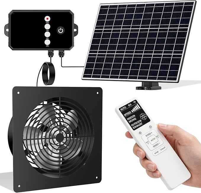 Solar Powered Fan for Chicken Coop, 15W Solar Panel Fan with Reversible Airflow 3 Smart 24H Circulation Modes 1-6 Speed & 1-8H Timer, Aluminum Fans for Poultry House Shed Greenhouse