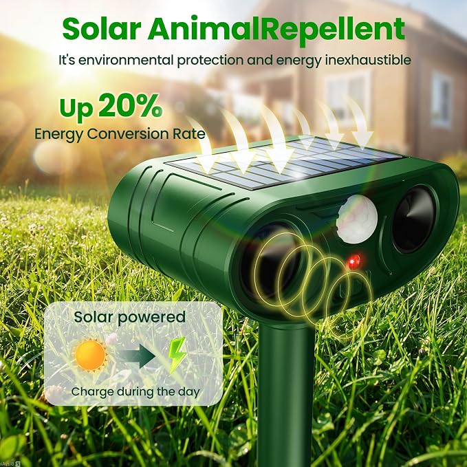 2026 Upgraded Ultrasonic Solar Animal Repellent Outdoor, Deer Repellent Devices Squirrel Cat Raccoon Rabbit Dog Deterrent with Motion Sensor for Yard Garden Lawn (4-Pack)