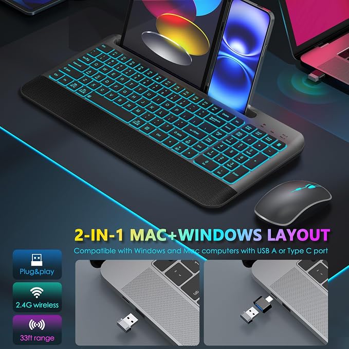 JOYACCESS Silent RGB Backlit Wireless Keyboard Mouse Set, Rechargeable 3000mAh Keyboard, Ergonomic Wrist Rest, 2.4G USB‑A/C, for PC Mac Laptop Office - Space Gray