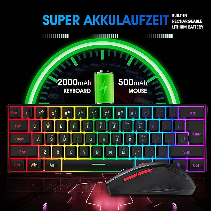 Snpurdiri 60% Wireless Gaming Keyboard and Mouse Combo, Include 2.4G Small Mini 60% Merchanical Feel Keyboard, Ergonomic Design Vertical Feel Wireless Mouse