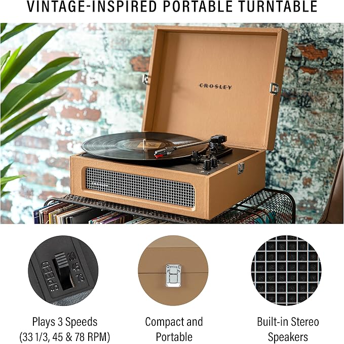 Crosley CR8017B-TA Voyager Vintage Portable Vinyl Record Player Turntable with Bluetooth in/Out and Built-in Speakers, Tan
