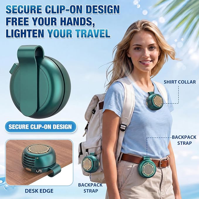 2 Pack Portable Silent Mini Bladeless Fan Clip On 5 Adjustable Speeds Digital Display 360 Rotatable USB Rechargeable Electric Small Fan for Shirt Waist Outdoor Travel(Green)