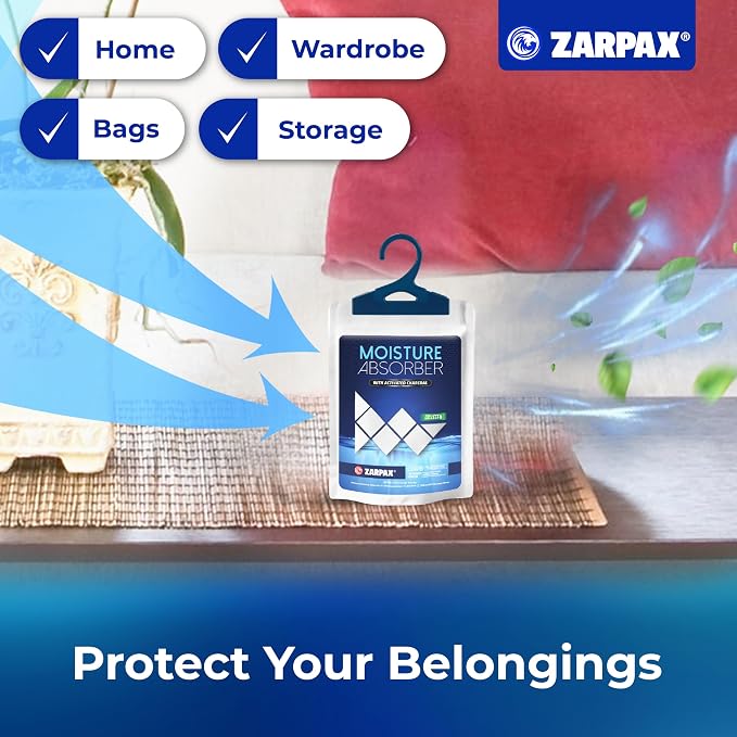 Zarpax Moisture Absorber Sachets Activated Charcoal 7.5 oz/212g - Remove Excess Moisture In Air & Odor - Desiccant Dehumidifier for Closet, Drawer, Storage - Dampness & Humidity Control - Set of 20
