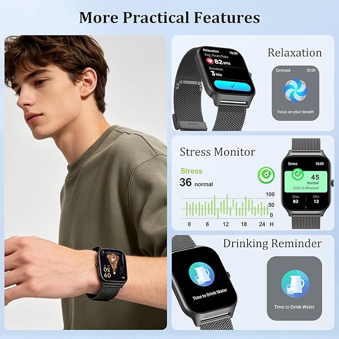 Smart Watch Women Men, 1.85’’ Reloj Inteligente para mujer hombre, Make/ Answer Call, Health Monitor/Blood Pressure, 110+ Sports Modes, Voice Control, IP68 Waterproof Compatible with Android & iPhone