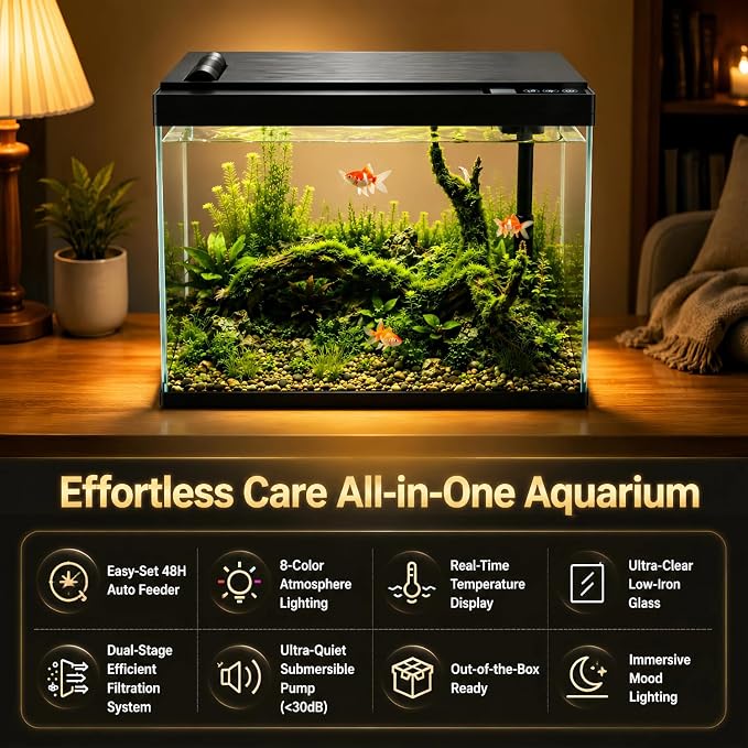 5 Gallon Fish Tank with Auto Feeder, Aquarium Starter Kit with Self Cleaning Filter, Crystal-Clear Glass, 7-Color LED Light, 5-Minute Setup, Vacation-Ready Betta & Goldfish Tank for Desk & Office