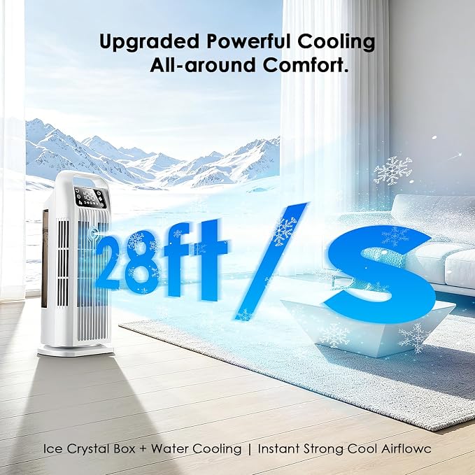 Portable Air Conditioners, 4 IN 1 Evaporative Air Cooler, 1200ML Water Tank, 3 Speeds & Storm Mode & Mist Spray, 120° Auto Oscillation, 12H Timer, Quiet Tower Cooling Fan for Room, Bedroom - White ﻿