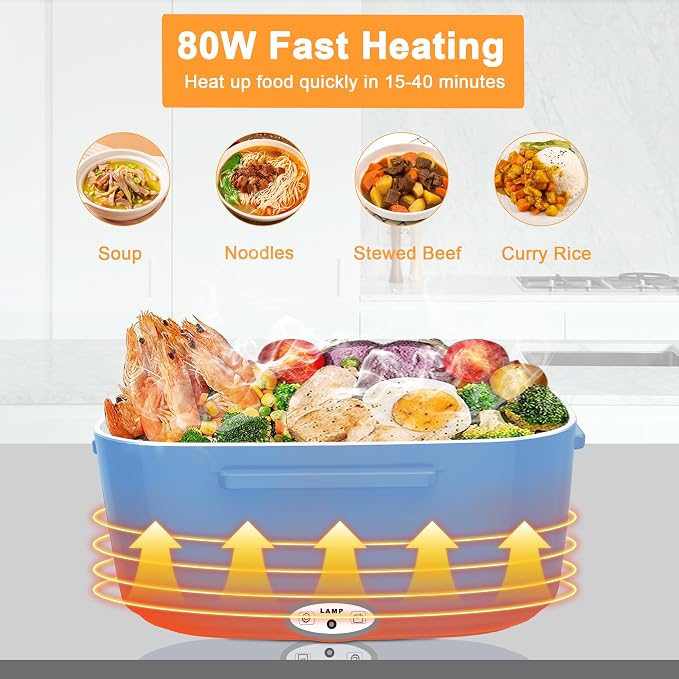 HOLDRUBY Heated Lunch Boxes for Adults, 80W Electric Lunch Box Food Heated 12/24/110V 1.5L Heatable Lunch Box for Car/Truck Leak-Proof Removable Stainless Steel Container, Fork & Spoon, Bag