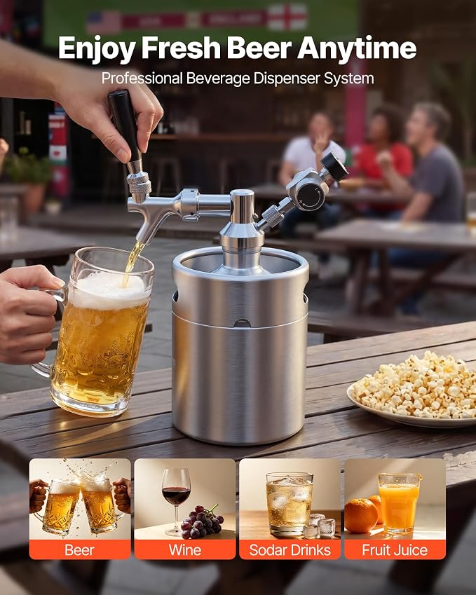 VEVOR 64oz Mini Keg, Pressurized Growler Tap System, 304 Stainless Steel Beer Kit, with Co2 Regulator, Self-Closing Faucet, Keeps Fresh and Carbonation for Homebrew, Craft and Draft Beer