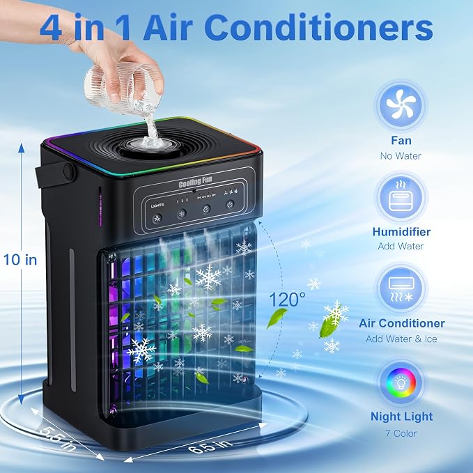 Portable Air Conditioners, 2026 Upgraded 4-IN-1 Quiet Portable AC Unit with Remote, 1100ML Tank Evaporative Air Cooler, 7 Color Light Personal Mini Air Conditioner for Bedroom,Office, Camping, Car,RV