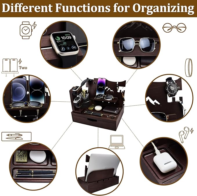 Nightstand Organizer for Men with Large Drawer, Wood Phone Docking Station for Phone, Apple Watch, Wallet & Keys, Ideal Birthday Gift for Father Husband, Bedside Desk Organizer (Espresso)