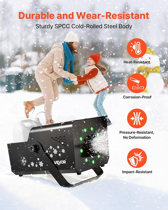 VEVOR 1500W Snow Machine with RGB DMX512 Signal Control, 9 LED Lights, Wireless Remote, High Output Snowflake Machine with 5L Tank, Portable DJ Stage Snow Maker for Christmas Parties Stage Effects