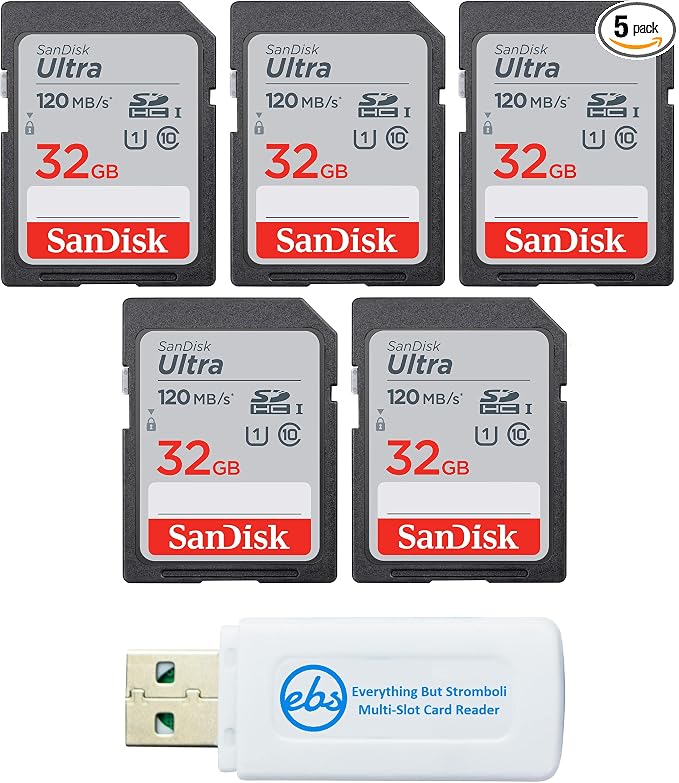 SanDisk 32 GB Class 10 SD HC Ultra Flash Memory Card - 5 Pack (SDSDUN4-032G-GN6IN) Bundle with Everything But Stromboli MicroSD & SD Card Reader