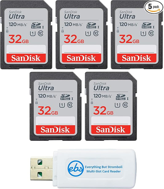 SanDisk 32 GB Class 10 SD HC Ultra Flash Memory Card - 5 Pack (SDSDUN4-032G-GN6IN) Bundle with Everything But Stromboli MicroSD & SD Card Reader