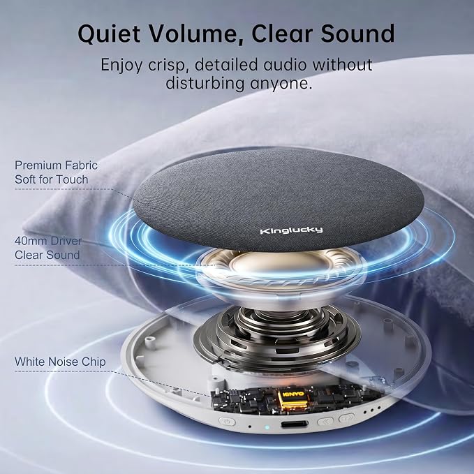 Kinglucky Pillow Speaker for Sleeping, Ultra-Thin Bluetooth 6.0 Under Pillow White Noise Sound Machine for Side Sleepers, Auto Shut-Off, Rechargeable, Travel Portable, Black Grey