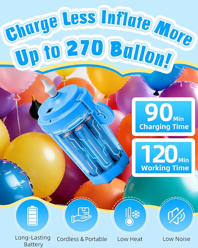 Portable Balloon Pump Electric, Rechargeable Cordless Balloon Pump Inflator for All Balloons, Latex 260q Foil Mylar Balloon Inflation, Quick-Fill Inflator& Deflator for Inflatables,Blue