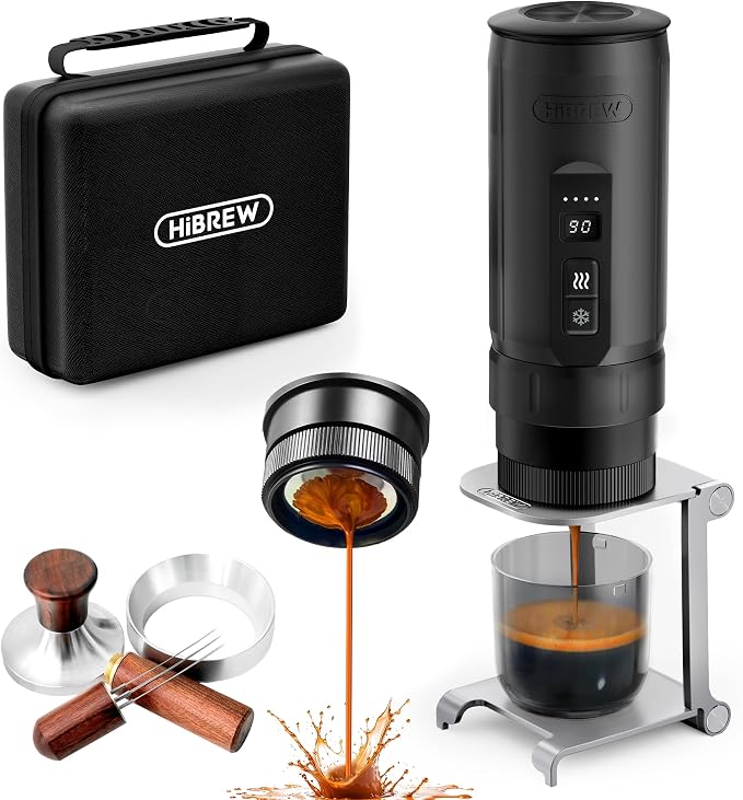 HIBREW H4C Ultra Portable Electric Espresso Maker, 51mm Bottomless Professional Coffee Maker, USB-C Rechargeable for Ground Coffee, Compact for Camping and Travel, with Foldable Holder & Carrying Case
