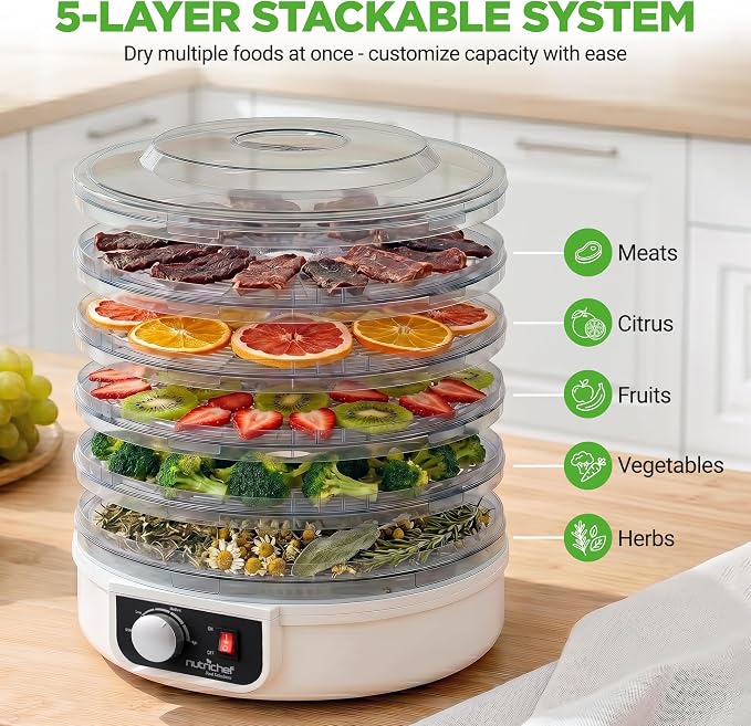 NutriChef Electric Countertop Food Dehydrator - Multi-Tier High-Heat Circulation Professional Food Preserver, Fruit, Vegetable Dryer, Meat or Beef Jerky Maker w/ 5 Stackable Trays - AZPKFD12