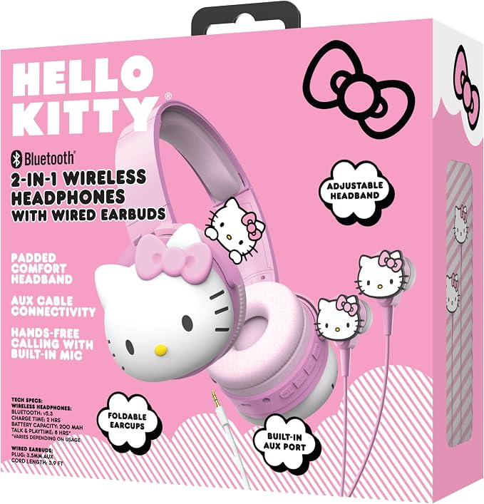 Hello Kitty 2-in-1 Wireless Bluetooth Headphones with Wired Earbuds – Foldable Over-Ear Headset with Built-in Mic, AUX Cable, Adjustable Headband, and Onboard Controls – Pink