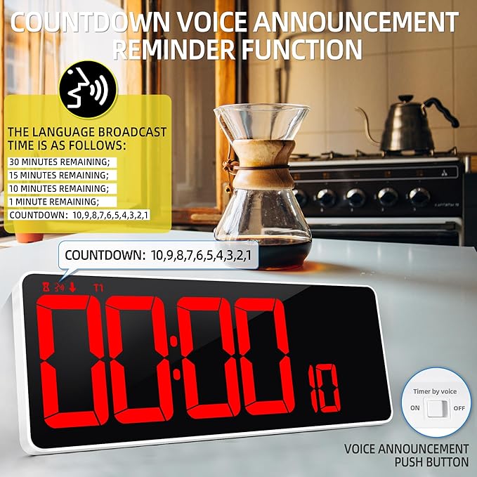 13.7”Digital Timer Large LED Screen displays（5'' Number）,The Date time, Remote Control, Turn on/Off 10 Seconds Countdown Voice Notification, for Chefs,Students, Children, Seniors