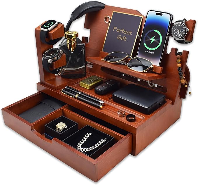 Nightstand Organizer for Men with Large Drawer, Wood Phone Docking Station for Phone, Apple Watch, Wallet & Keys, Ideal Birthday Gift for Father Husband, Bedside Desk Organizer (Walnut)