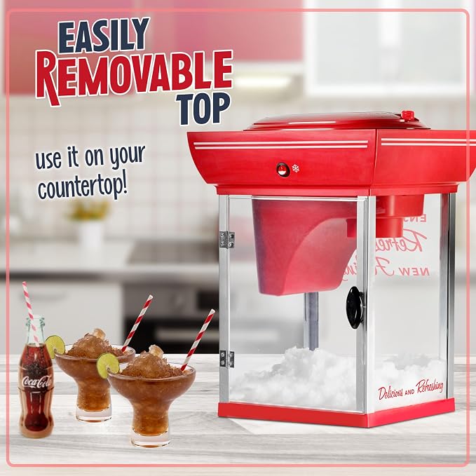 Nostalgia Coca-Cola 48-Inch Tall Snow Cone Cart, Makes 72 Icy Treats, Includes Metal Scoop, Storage Compartment, Wheels For Easy Mobility – Coke Red