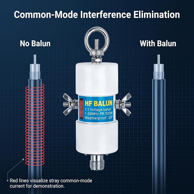 1:1 Voltage Balun Antenna, 500W HF Band (1-50MHz) Ham Radio Balun for Dipole Antenna - Weatherproof Design with UHF Female (SO-239) Connector, Antenna Signal Converter