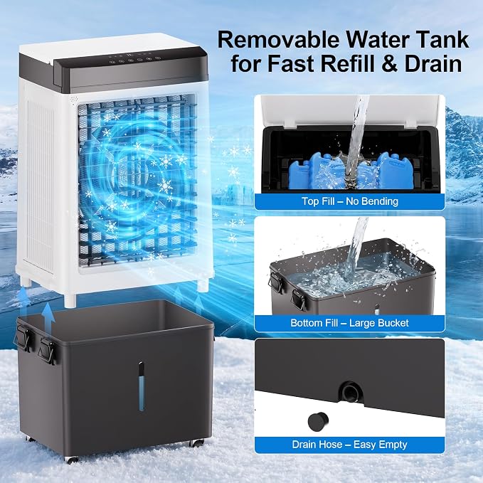 Uthfy 2200 CFM Swamp Cooler, 40" Evaporative Air Cooler with 8 Gal Detachable Water Tank, 120° Oscillation, 3 Speeds, Remote, 12H Timer, Portable AC for Bedroom Garage Patio