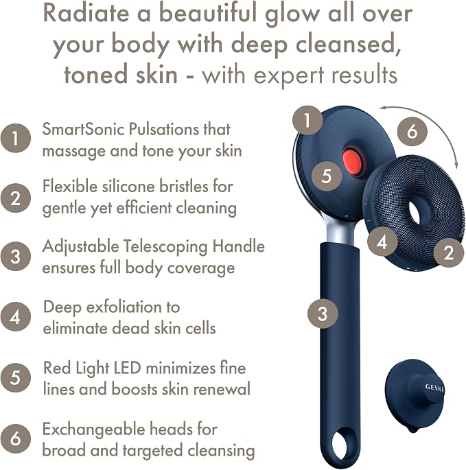 GESKE LED Sonic Full-Body Brush | 9 in 1 | Body Cleansing Brush & Intensive Exfoliator with LED | with SmartSonic Pulsations | Expert Deep Cleansing & Massage | Rough Skin Remover | Adjustable Handle
