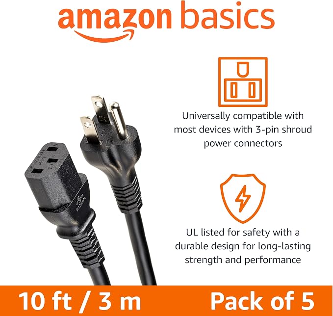 Amazon Basics PC Power Cord, 10 feet, Compatible with Monitor, Computer, TV, 3 Prong, 18 AWG, 125 Volts, Black, 5-Pack