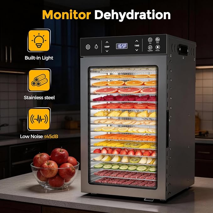 Suteck Food Dehydrator with 16 Stainless Steel Trays, 800W Dehydrator Machine with Dual Fans & 360° Airflow, Digital Temp & Time Control with 4 Presets, Quiet Food Dryer for Jerky, Fruit, Flower, Meat