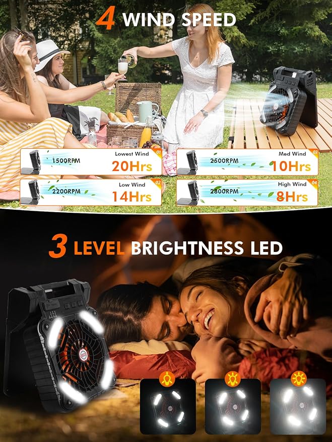 Solar Powered Fan Camping with LED Light, 7" 10400mAh Portable Camping Fans with 4W Solar Panel, Rechargeable Battery Operated Tent Fan for Outdoor Car RV Hurricane