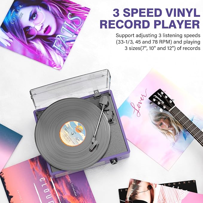 cotsoco Vinyl Record Player Bluetooth,Belt-Drive Turntable with Stereo Speakers Vintage Phonograph Vinyl Record Player 3 Speed 3 Size for Home Decoration,Aubergine