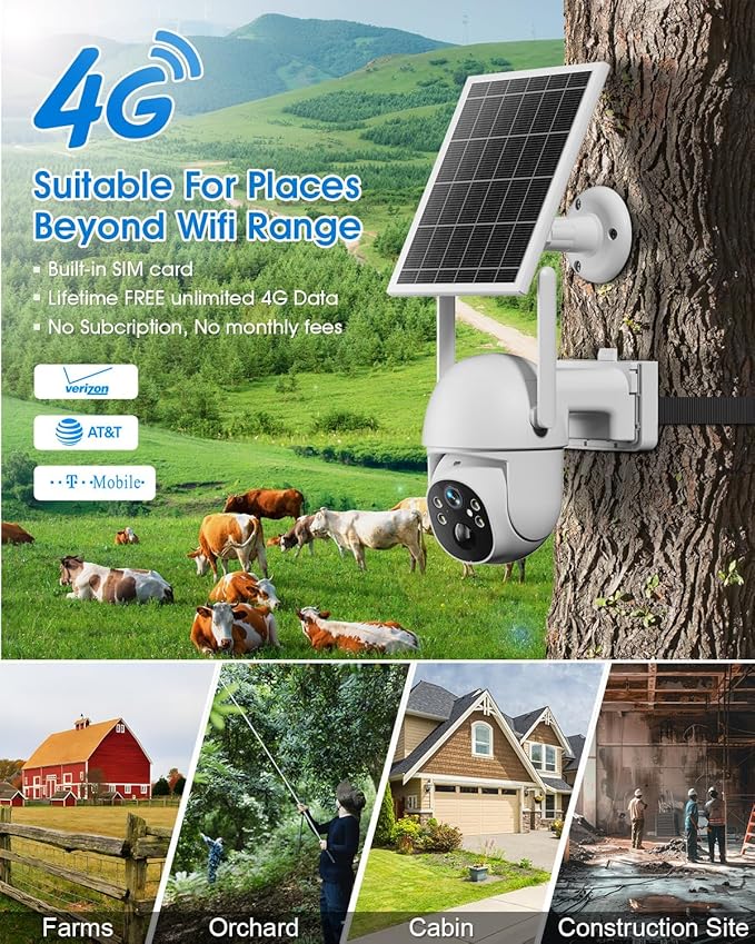 SANSCO 4G LTE Cellular Solar Security Camera Wireless Outdoor, Lifetime Free Unlimited Data, NO WiFi 2K Color Night Vision, PTZ 360 View, 2 Way Audio, Motion Detection (4G Unlimited-2Pack)