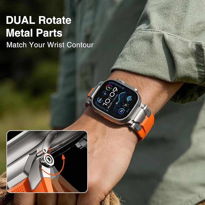 ULTIMAL Rugged Band for Apple Watch Ultra 3/2/1 49mm, Series 11/10/9/8/7/6/5/4 SE 46mm/45mm/44mm, Waterproof, Soft TPU Strap with Stainless Steel Buckle & Connectors, Sweat-Resistant, Easy to Clean, Fits 155-225mm Wrist (Titanium/Orange)