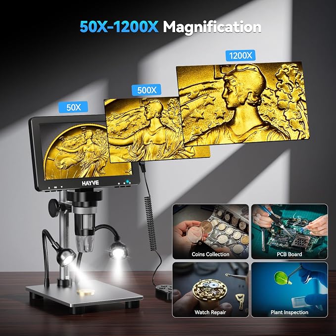 Hayve 7" LCD Digital Microscope, 1200X Magnification for Coin PCB Circuit Repair Soldering, 16MP Camera Sensor Coin Microscope, Wired Remote, 10 LED Light, Compatible with Windows/Mac OS