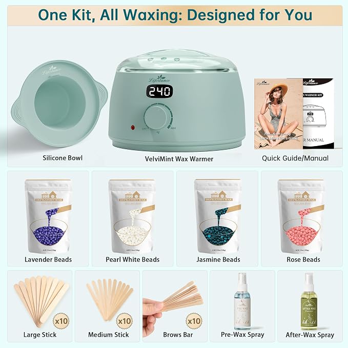 Lifestance Waxing Kit for Women & Men - L3 VelviMint Digital Warmer | Silicone Wax Pot Liner, Hair Removal Kit with 14.1oz Hard Wax Beads & Oil Spray, Professional for Brazilian Bikini Face Leg