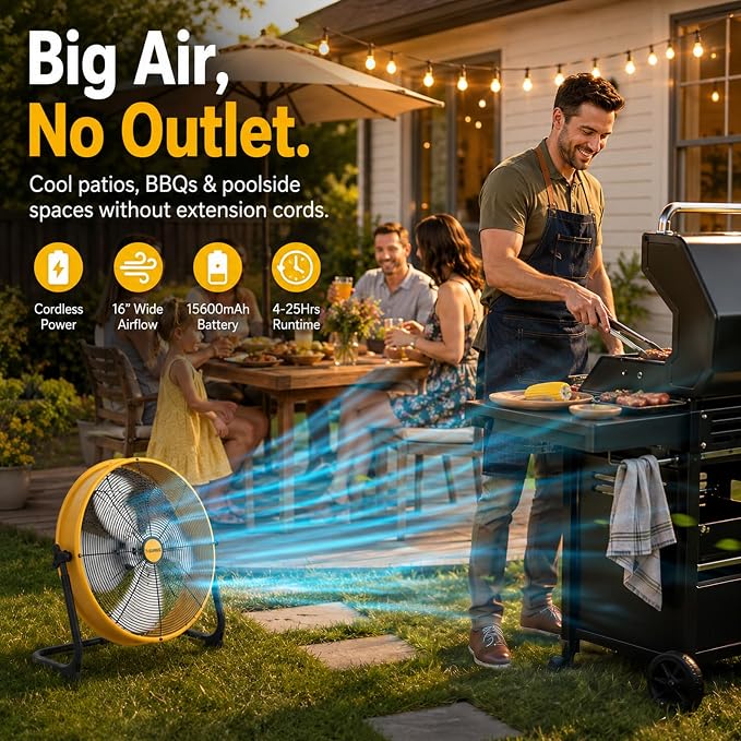 T-SUNUS 16" Battery Powered Floor Fan, 15600mAh Rechargeable Cordless Fan 2500 CFM High Velocity Airflow, Quiet Brushless Motor, 360° Adjustable Tilt for Home Garage Outdoor Patio RV Emergency Camping