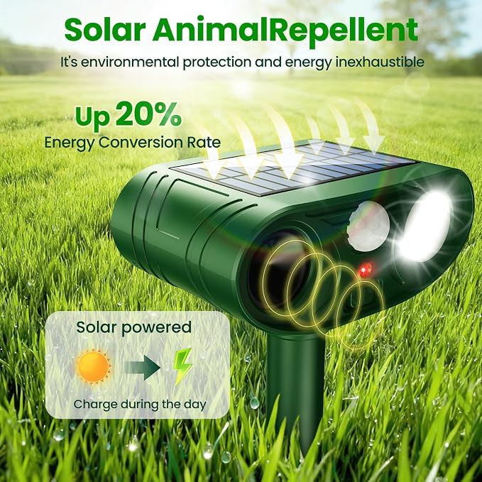 2026 Upgraded Ultrasonic Solar Animal Repellent Outdoor, Deer Repellent Devices Waterproof, Cat Repellent Outdoor with Motion-Activated Deterrent, Repels Squirrel, Deer, Raccoon for Yard, 2 Packs
