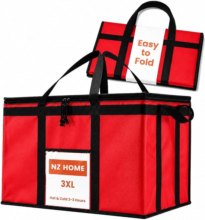 NZ home Insulated Bags for Food Delivery (3XL) Grocery Shopping Cooler Bag, Pizza Delivery, Hot & Cold Catering Tote, Reusable, Foldable & Heavy Duty (Red)