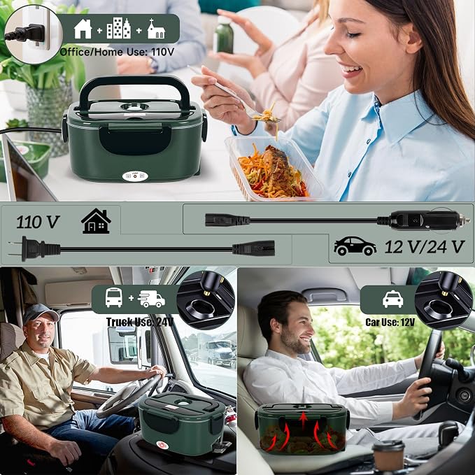 Electric Lunch Box for Adults - 1.5L Single/Double Layer Stainless Steel Food Warmer - 80W Fast PTC Heated Lunchbox, 12V/24V/110V Portable Food Heater for Car&Truck, Office, Camping, Travel(Green)