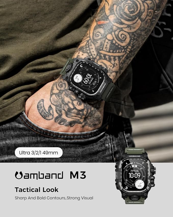 amBand Rugged Case with Band for Apple Watch Ultra 3/2/1 49mm, M3 Military Grade Shockproof Cover, Includes Screen Protector Kit, Tactical Band for Men - Compatible with iWatch Ultra, Army Green