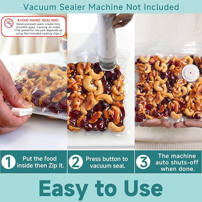 Mehomeli Reusable Vacuum Sealer Bags for Food – 30 BPA-Free Small (8.66in × 8.26in) Food Storage Bags, Freezer Microwave Safe, Odor-Resistant, Leak-Proof – Compatible with Handheld Vacuum Sealers