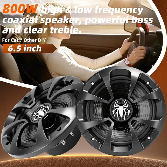 Upgraded 6.5" Coaxial Car Speakers, 800W Max 4 Ohm Car Audio Speakers High-end Silk Dome Tweeter, Plug & Play Installation, Durable Design - Pair