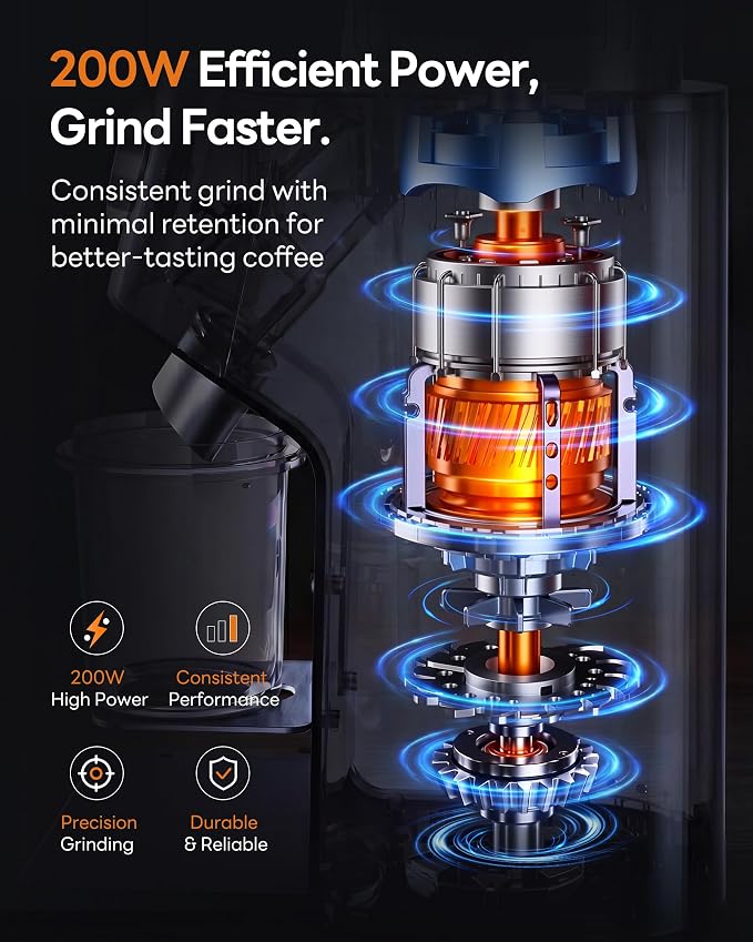 Aromaster Burr Coffee Grinder with 45 Grind Settings,Adjustable 5–40s Timer,Stainless Steel Conical Coffee Bean Grinder for Espresso,Pour Over & French Press, Anti-Static,Easy Clean Brush for Home Use