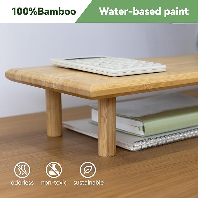 Bamboo Dual Monitor Stand Riser with Underneath Storage, Ergonomic Desk Shelf Supports PC Computer Monitor, Printer, TV for Home, Office, Natural