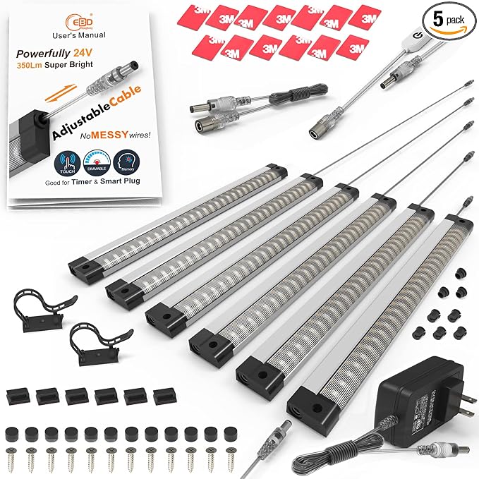 EBD Under Cabinet Lights Plug in 6 Pcs 12 Inch, Dimmable No Messy Wires Built-in Adjustable Cable Counter Lighting, 3000K 2700LM, 1 Pcs Extension Cables for Kitchen Home Office, Memory for Smart Plug.