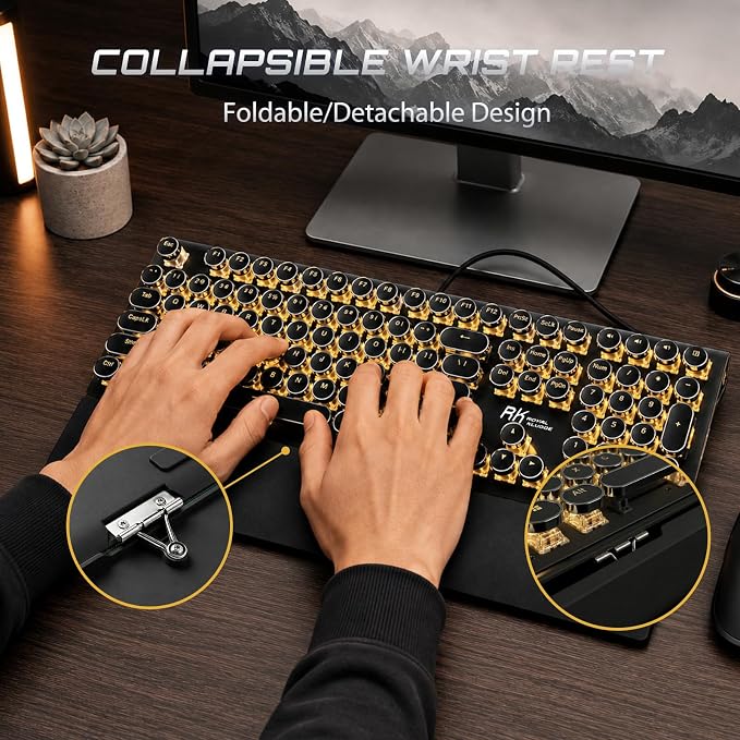 RK ROYAL KLUDGE S108 Typewriter Mechanical Keyboard, Wired Gaming Keyboard with Number Pad, Full Size Retro Keyboards w/Detachable Wrist Rest for Mac/Win/PC, Clicky Blue Switch, Yellow Backlit Black
